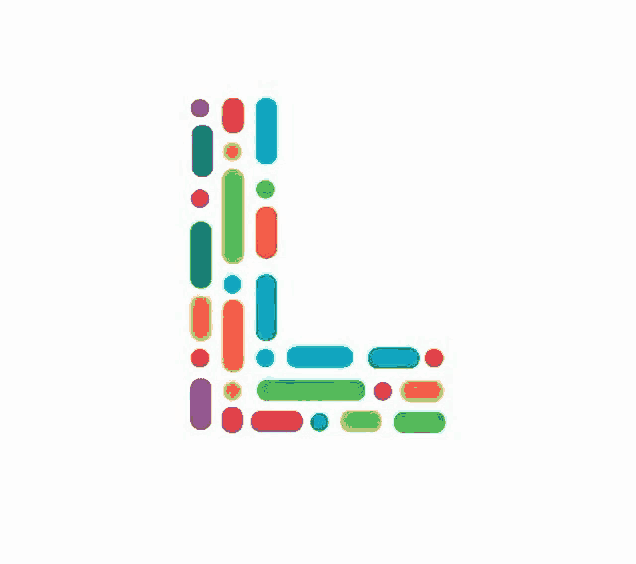 the letter l is made of colorful lines and dots on a white background .