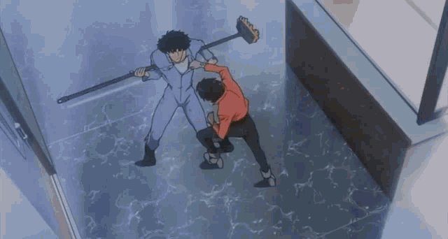 a man is holding a broom and another man is holding a guitar