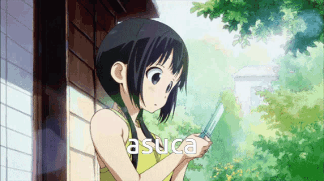 a girl in a yellow tank top is holding a knife and the word asuca is on the bottom right