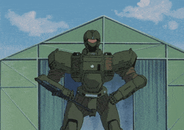 a robot with a star on his chest is standing in front of a green tent