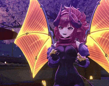 a girl with horns and wings is standing in front of a building