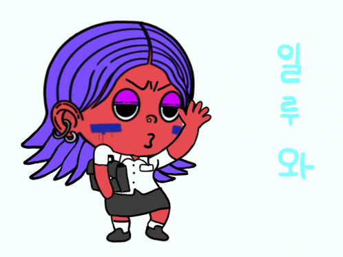 a cartoon drawing of a girl with purple hair and a foreign language behind her