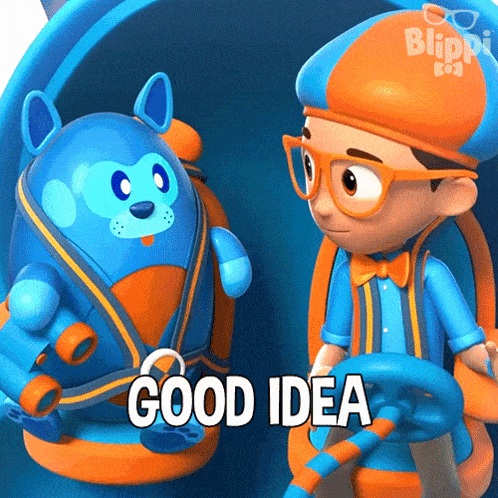 a cartoon character from blippi says " good idea " while holding a steering wheel