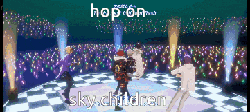 a group of people dancing on a stage with the words sky children