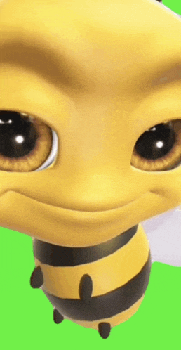 a close up of a cartoon bee with big eyes on a green background .