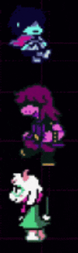 a row of pixel art characters are stacked on top of each other on a black background .