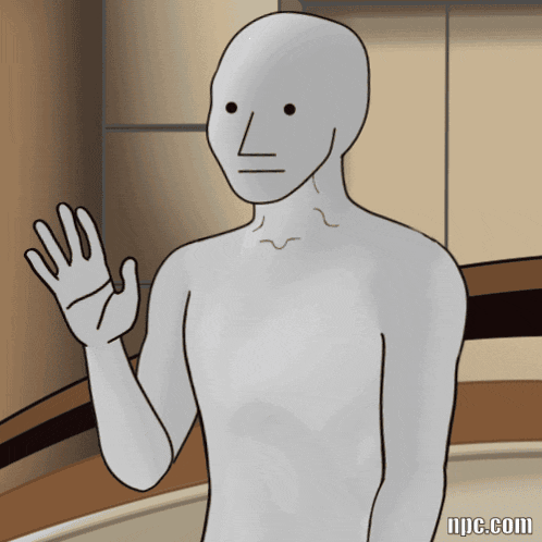 a cartoon of a man waving with the website npc.com below