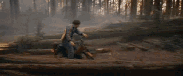 a man is riding a dirt bike through a forest .