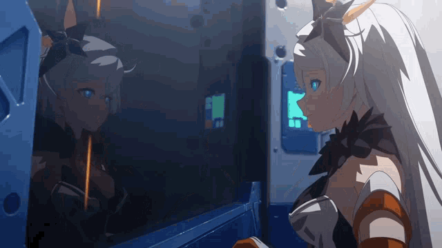 a girl with white hair and blue eyes is looking at her reflection in a mirror