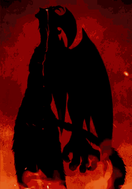 a silhouette of a demon with wings and a black cat