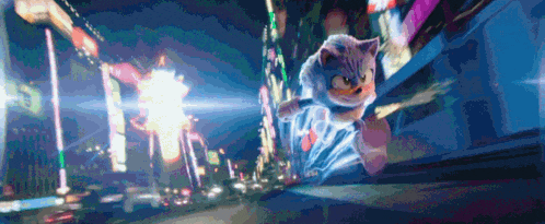 sonic the hedgehog is flying through the air on a city street