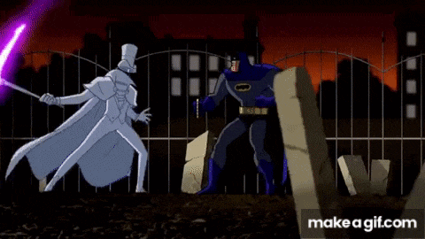 a cartoon of batman and the silver surfer fighting each other in a graveyard .