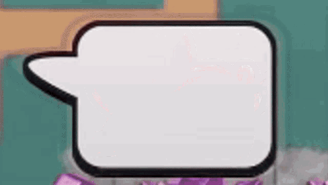a white speech bubble with a black border is sitting on top of a pile of purple gems .