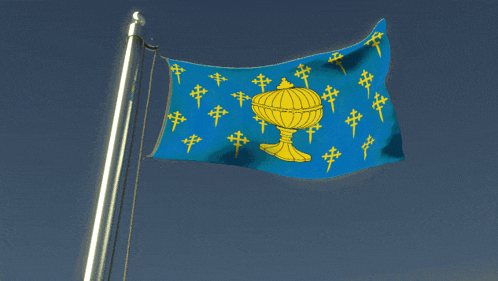 a blue flag with yellow crosses and a golden goblet on it