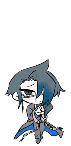 a drawing of a boy with blue hair and chains around his waist