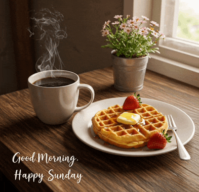 a plate of waffles with butter and strawberries next to a cup of coffee and the words good morning happy sunday