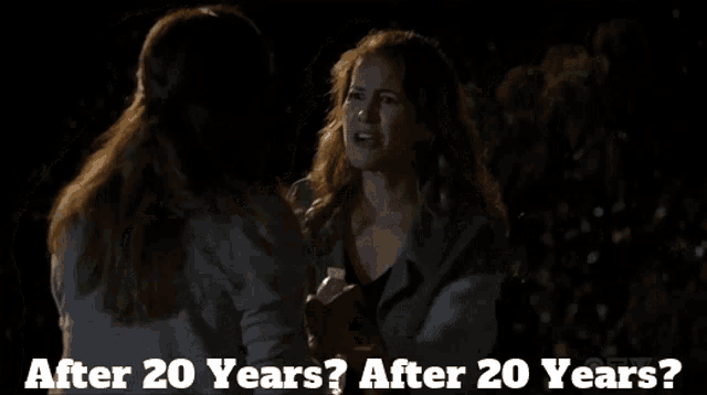 two women standing next to each other with the words after 20 years above them