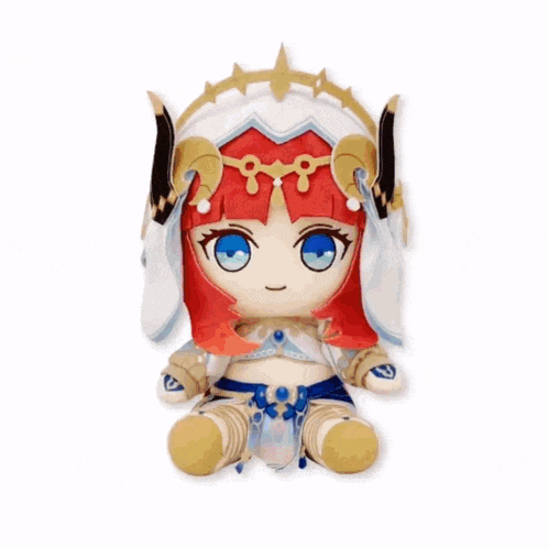 a stuffed doll with red hair and blue eyes is sitting in front of a pink and blue background
