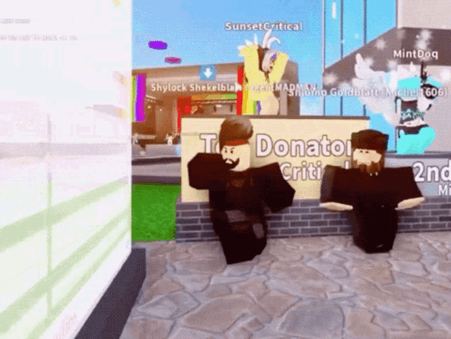 two roblox characters are standing in front of a sign that says " donate critic "