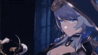 a girl with blue hair and blue eyes is holding a sword in a video game .