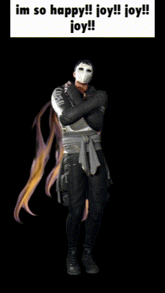 a man with a mask on his face is dancing with the words im so happy joy joy joy