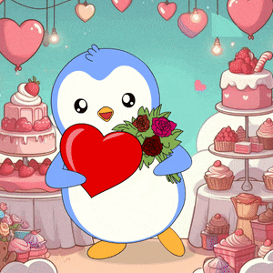 a penguin holding a heart and flowers in front of a display of cakes and cupcakes