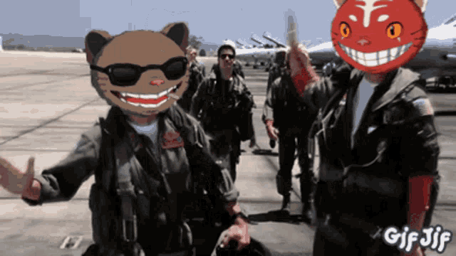 a gif of a group of soldiers with a cat on their head