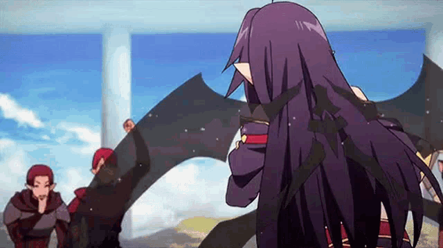 a woman with long purple hair is standing in front of a group of people with wings .