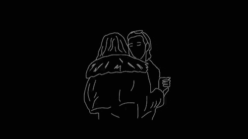 a black and white line drawing of two women hugging each other .