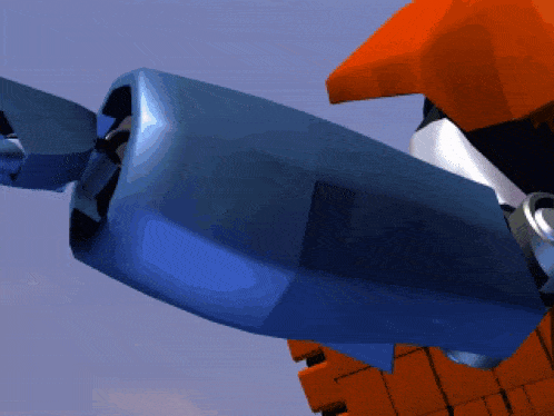 a close up of a robot 's arm with a blue and orange head