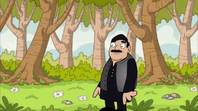 a cartoon of a man with a mustache standing in the middle of a forest