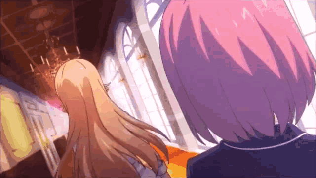 a couple of anime girls standing next to each other in a room