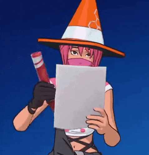 a cartoon character is wearing a cone hat and holding a piece of paper in front of her face .