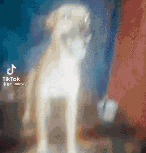 a blurred image of a dog with its mouth open and a tiktok logo in the corner .
