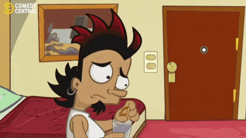 a cartoon of a man sitting on a bed with the words comedy central on the bottom