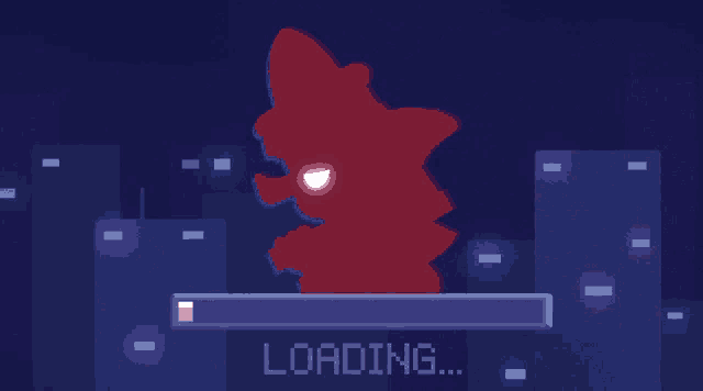 a loading screen with a red monster and a city in the background