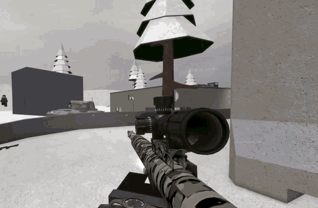 a person holding a sniper rifle in front of a building with a christmas tree in the background