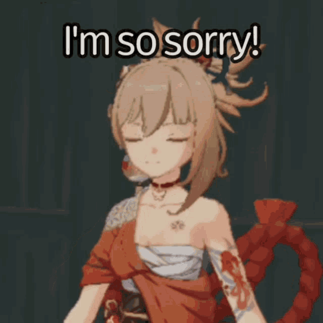 a cartoon girl with a tattoo on her arm says " i 'm so sorry "