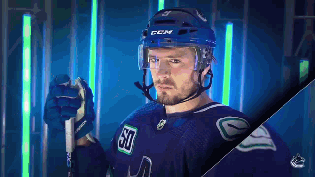 a hockey player wearing a ccm helmet holds a hockey stick