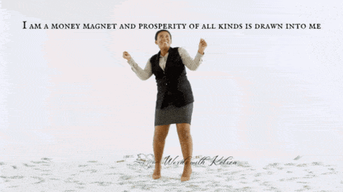 a woman is standing in front of a pile of money with the words i am a money magnet and prosperity of all kinds