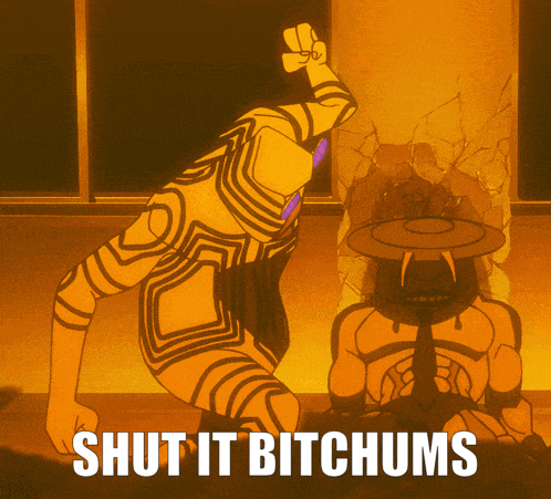 a picture of a cartoon character with the words shut it bitchums written on it
