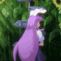 a girl with purple hair is standing in front of a sign in a forest .