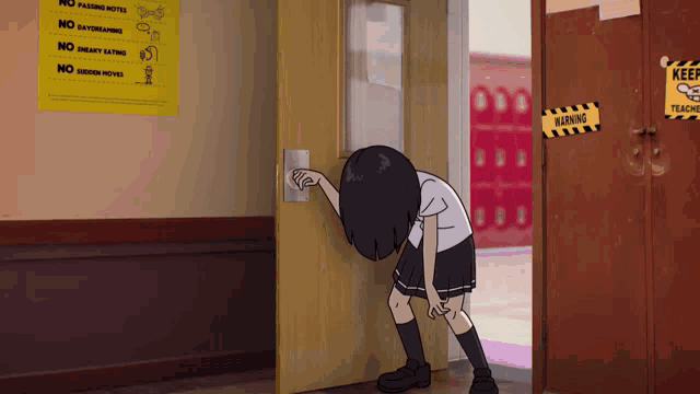 a cartoon of a girl standing in front of a door with a warning sign on it