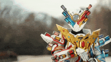 a person in a costume with a lot of guns on them