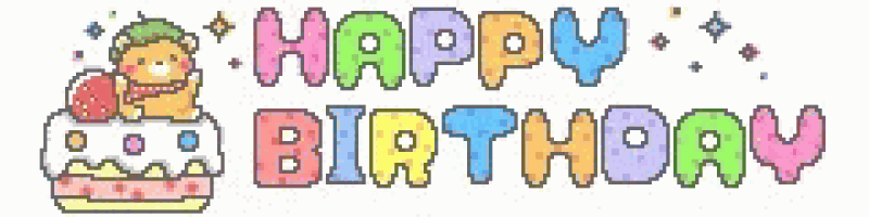 a pixel art of a happy birthday sign with a bear on a cake