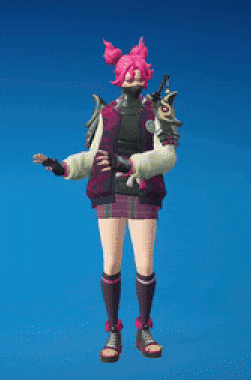 a girl with pink hair and a mask on her face is standing in front of a blue background