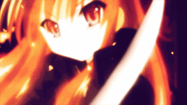 a close up of a girl 's face with a sword in her hand