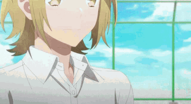 a close up of a blonde anime girl with her eyes closed