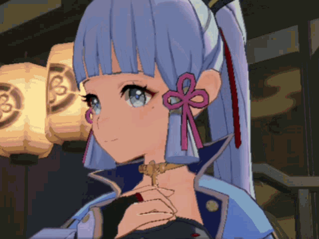 a close up of a girl with blue hair and a bow in her ear