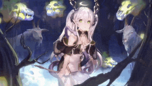 a girl with long white hair and horns is standing in a forest surrounded by skulls and trees .
